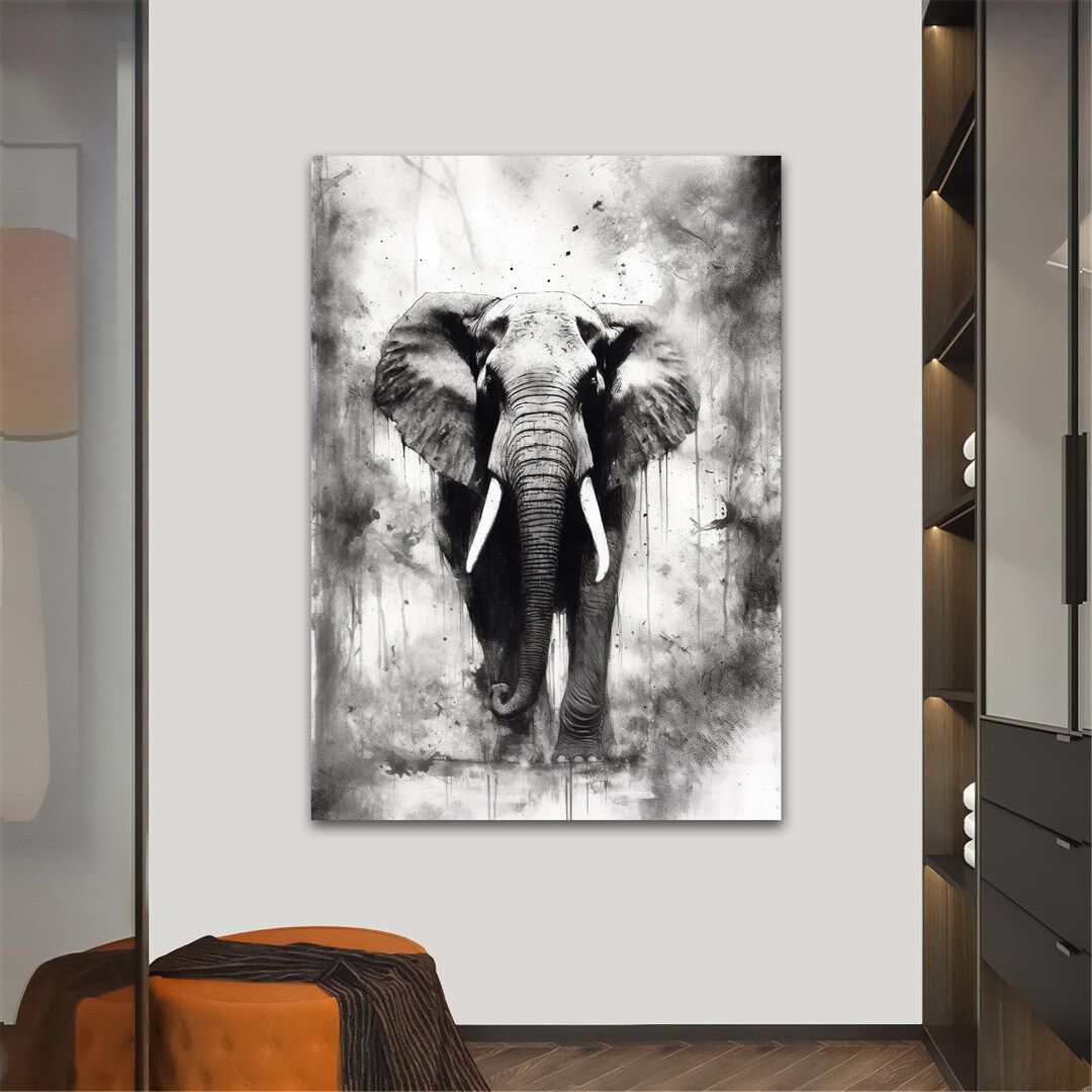 Black and White Elephant Painting Elephant Canvas Print Etsy