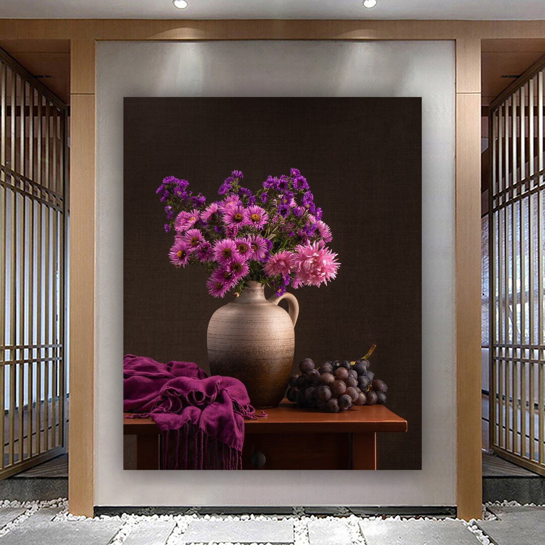 Canvas Wall Art, Large Canvas, Living Room Wall Art, Flower Vase Printed, Red Flowers Wall Art