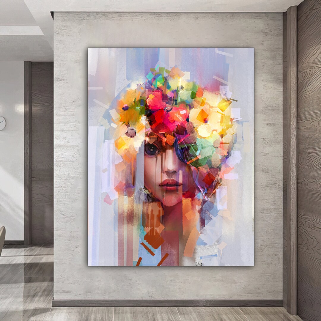 Colorful Abstract Woman Canvas Wall Art , Woman With Flower Head Canvas
