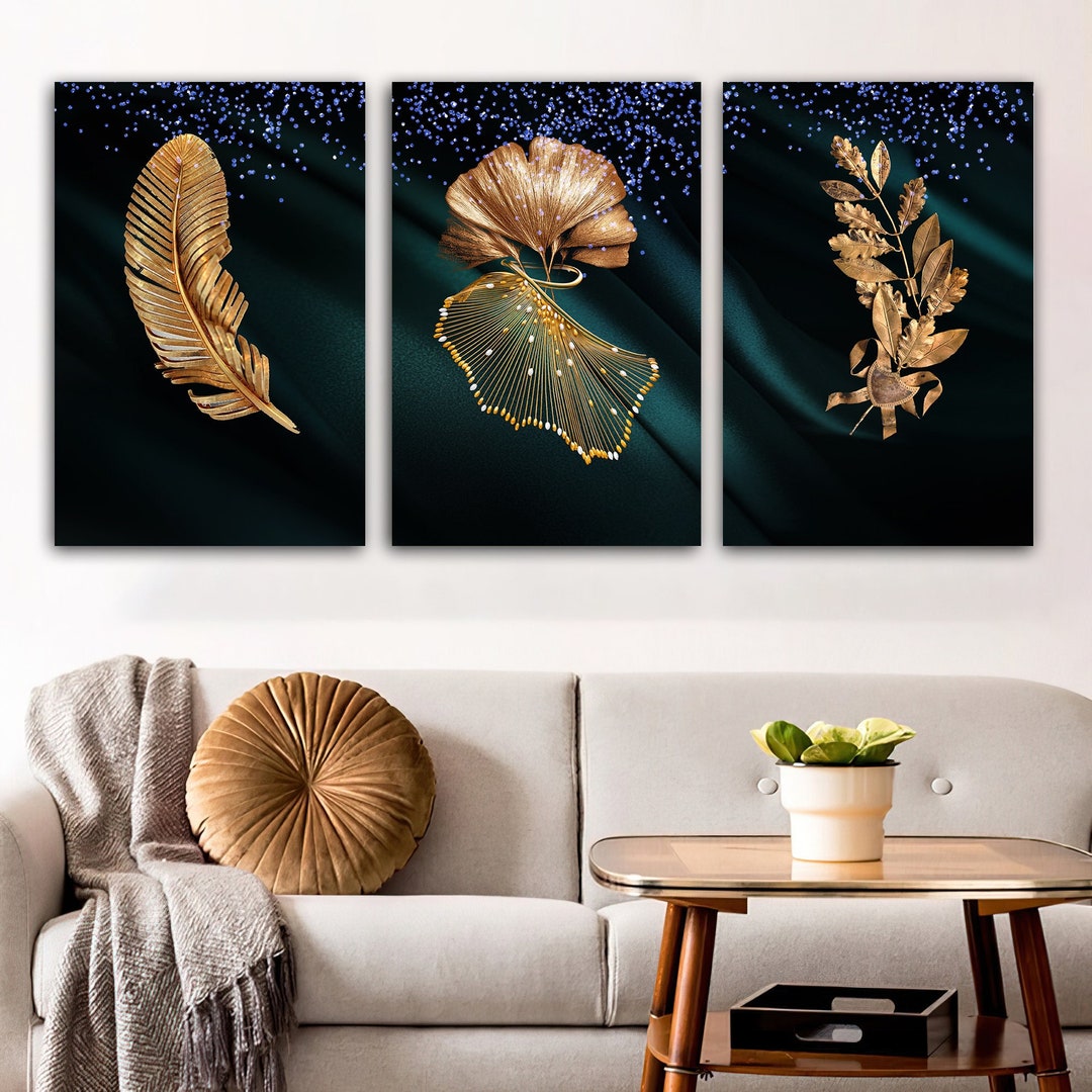 Golden Leaves Canvas Painting Leaves Wall Decor Leaves Art Etsy