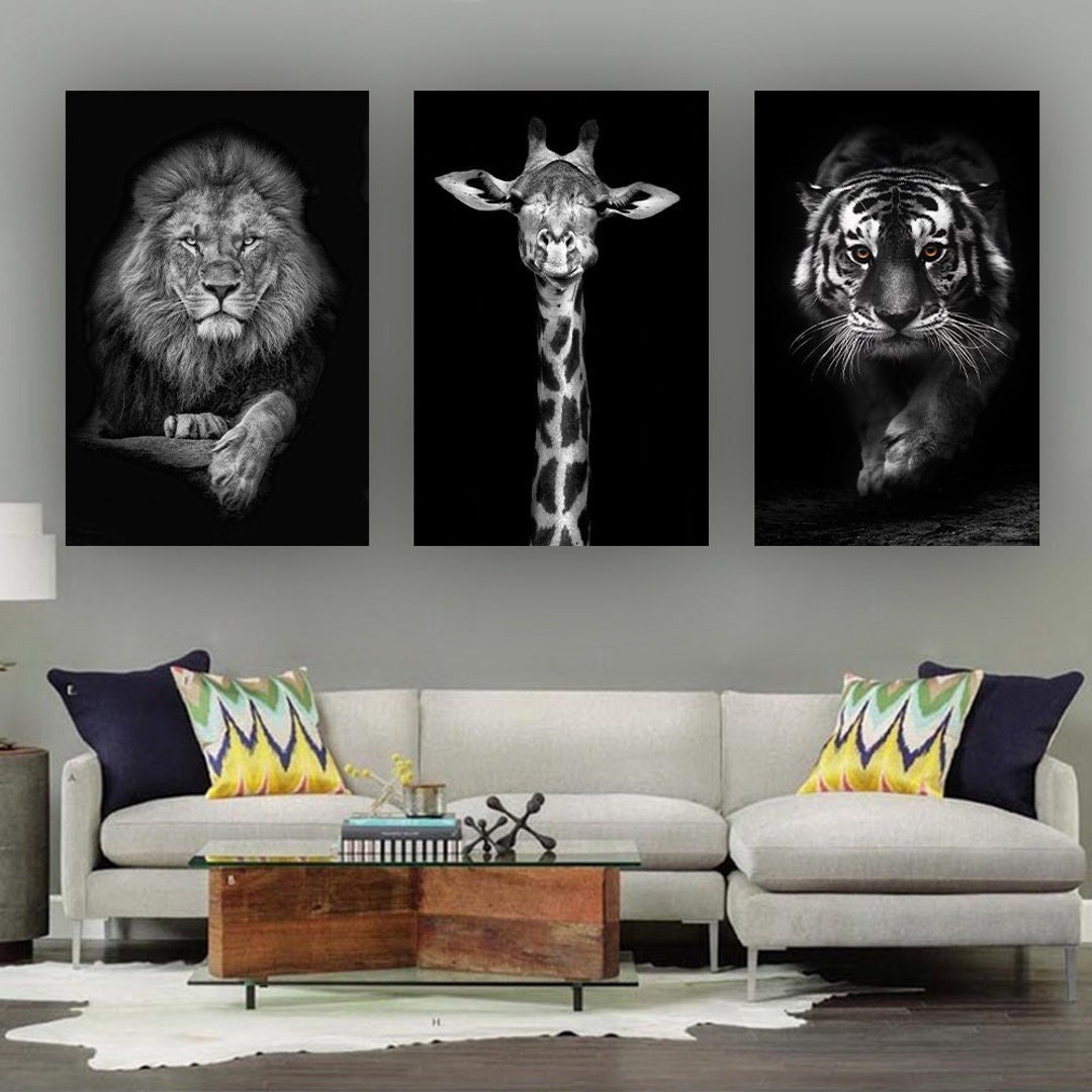 Animal Art Print Set of 3, Lion Canvas, Giraffe Painting, Black and