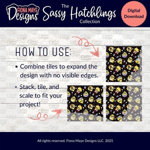 May include: Digital download of a seamless pattern featuring cartoon chicks wearing sunglasses and bows on a black background. The text "The Sassy Hatchlings Collection" is at the top of the image. The text "HOW TO USE" is at the left of the image with instructions on how to use the pattern.