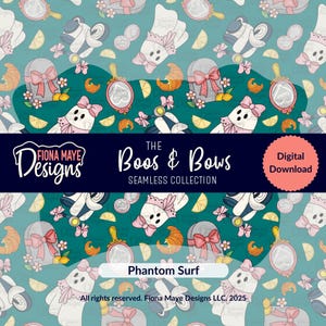 Könnte beinhalten: Ein nahtloses Muster mit einem türkisfarbenen Hintergrund mit weißen Geistern mit rosa Schleifen, Rollern, Spiegeln, Croissants und Blumen. Der Text "The Boos & Bows Seamless Collection" und "Phantom Surf" wird angezeigt. Das Wort "Digital Download" ist ebenfalls vorhanden.