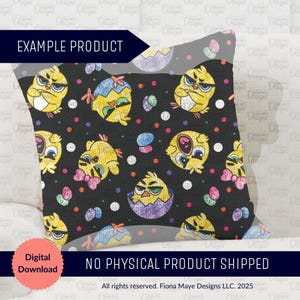 May include: A black pillowcase with a repeating pattern of colorful cartoon chicks and eggs. The chicks are yellow with black eyes and beaks. Some chicks are wearing bows. The eggs are purple, blue, green, and yellow. The background is black with white polka dots.