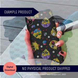 May include: A black phone case with a repeating pattern of colorful cartoon chicks in eggs. The chicks are wearing sunglasses and have different colored feathers. The background is black with white polka dots.