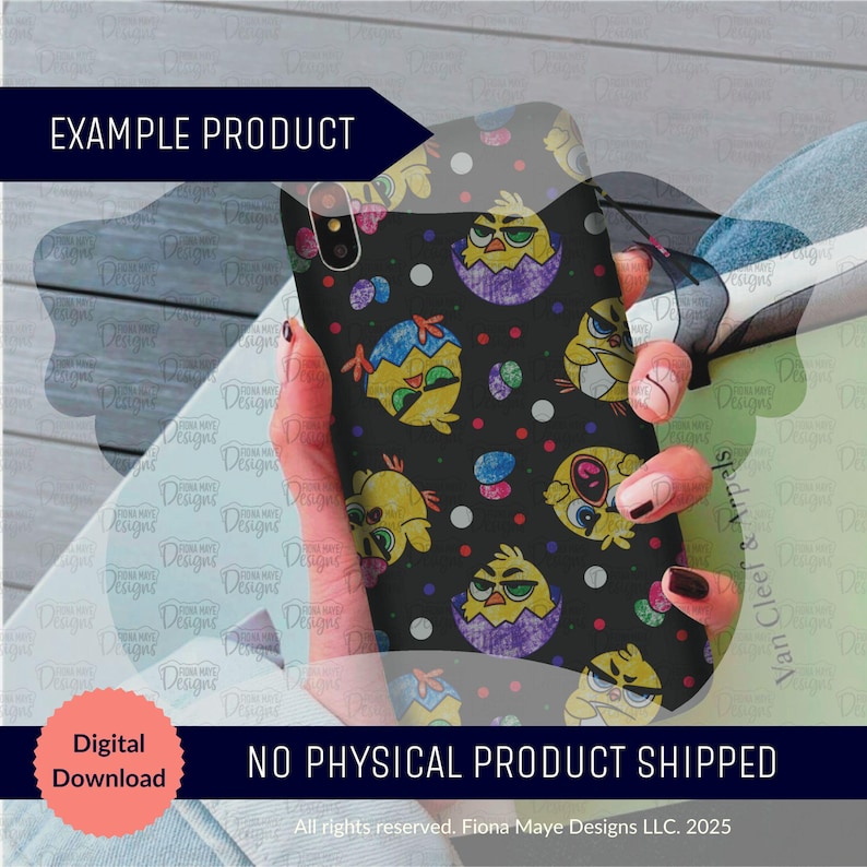 May include: A black phone case with a repeating pattern of colorful cartoon chicks in eggs. The chicks are wearing sunglasses and have different colored feathers. The background is black with white polka dots.
