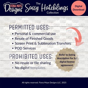 May include: A white background with blue and black text outlining the permitted and prohibited uses for digital downloads. The text reads "Permitted Uses: Personal & commercial use, Resale of Finished Goods, Screen Print & Sublimation Transfers, POD Services" and "Prohibited Uses: No resale or file sharing, No digital templates".