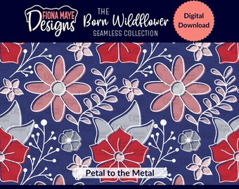 Patriotic Floral Seamless Pattern | Red White Blue Printable | 4th of July Sublimation and Printable Design (Hand Drawn)