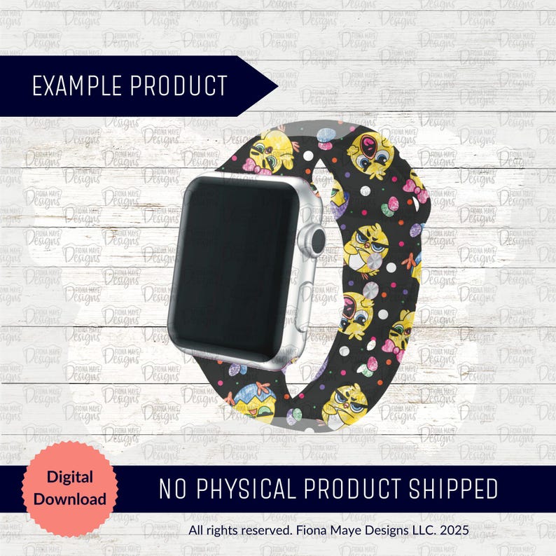 May include: A digital download of a colorful Apple Watch band design featuring cartoon chicks and polka dots. The design is perfect for spring or Easter.