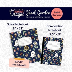 May include: Two notebooks with floral and ghost designs. One is a spiral notebook, 9" x 11", and the other is a composition notebook, 7.5" x 9". The covers feature a dark blue background with flowers, mushrooms, and a cute ghost.