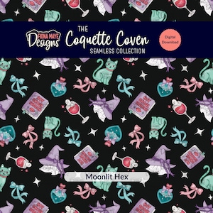 Black Spooky Seamless Pattern | Witchy Digital Paper | Gothic Cats | Coquette Clipart | Witchcore Aesthetic | Boutique Branding