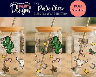 Rustic Western Christmas Glass Can Wrap - Cactus Lights & Longhorn Skull PNG - Western Holiday Design for Tumblers and Cozy Season Mugs
