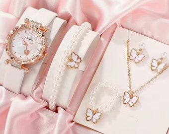 Cute Heart Quartz Watch Sparkling Rhinestone Analog Wristwatch And 5 Piece Butterfly Jewelry