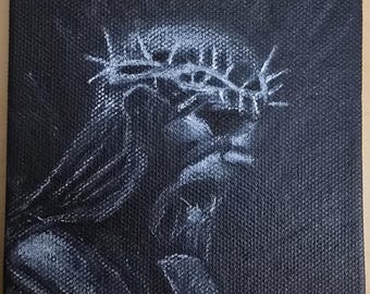 Jesus - Crown of thorns - 4" X 4" - White Charcoal on Black Canvas
