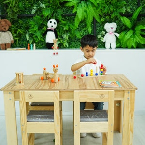 Montimania Wooden Playroom Montessori Table and 4 Chairs For Preschool, Kindergarten Nursery Child Study Large Craft Table, Gift For Kids