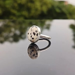 May include: A silver ring with a white and black dalmatian jasper stone.
