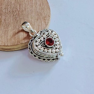 Handmade Garnet Sterling Silver Heart Locket Pill Box Pendant
