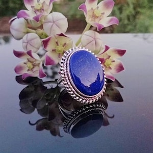 Natural Blue Lapis Lazuli Ring, Handmade 925 Sterling Silver Rounded Wire Design Statement Ring Gift For Her