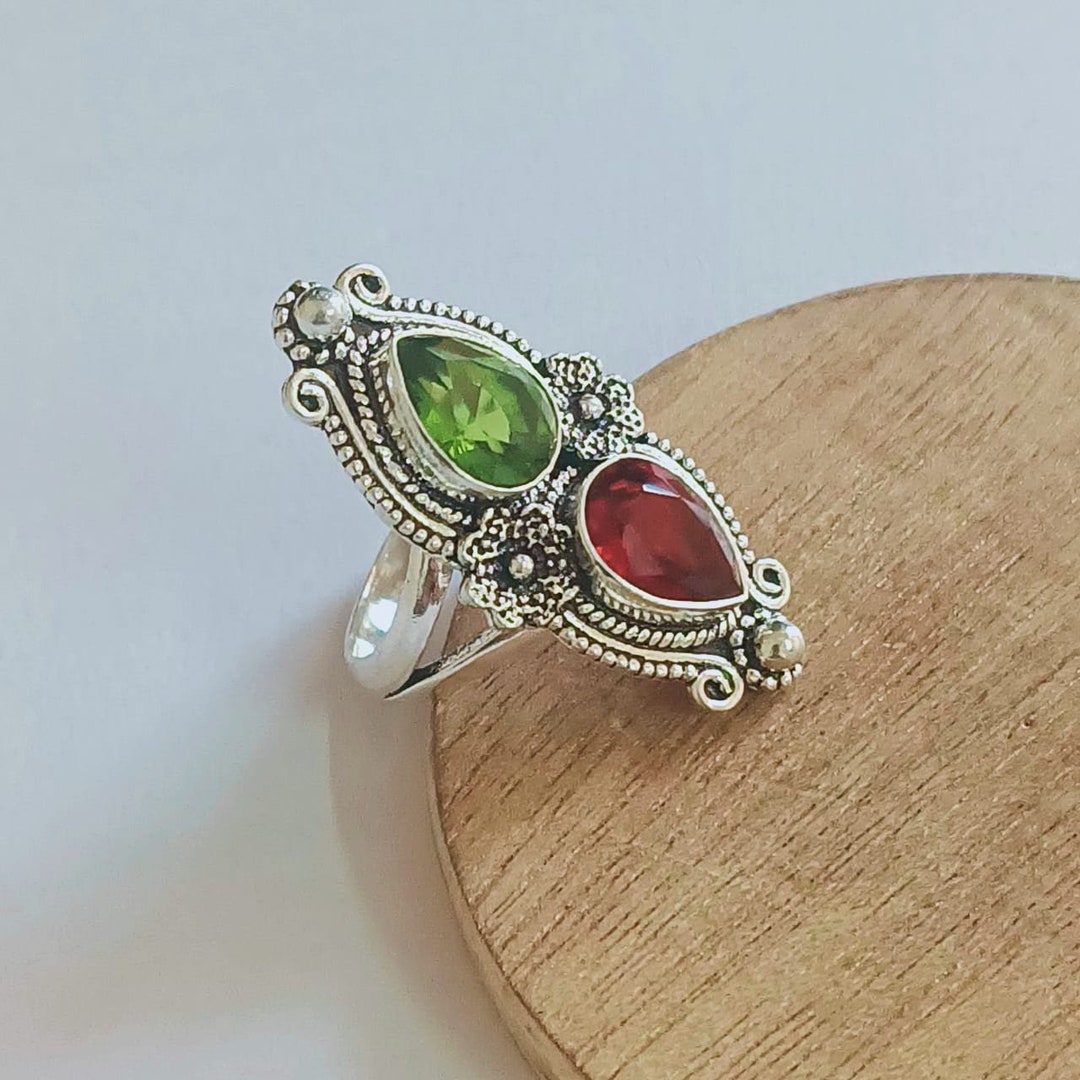 Bague Femme En Argent Sterling Sertie De 4 Perles (Péridot & Grenat ?) - Taille 54 - Occasion Bon état