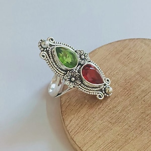 Granat und Peridot Multi-Stein-Ring, handgefertigt 925 Sterling Silber Statement Vorschlag Versprechen Ring Geschenk für sie.