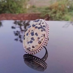 Natural Dalmatian Jasper Statement Ring, Handmade 925 Sterling Silver Round Balls Design Casual Wear Ring Gift For Her