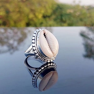 Cowrie Shell Statement Bohemian Ring, Handmade 925 Sterling Silver Round Balls Design Statement Ring For Sea Lovers Gift For Her
