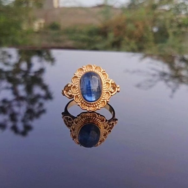 Anello in cianite blu, placcato in oro 18k, regalo per lei, gioielli con pietre preziose