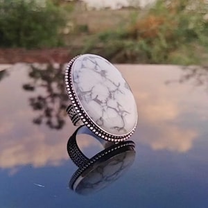 Natural Howlite Cab Statement Ring, 925 Sterling Silver Vintage Handmade Statement Big Stone Ring Gift For Her