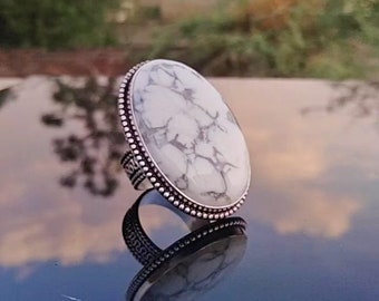 Natural Howlite Cab Statement Ring, 925 Sterling Silver Vintage Handmade Statement Big Stone Ring Gift For Her