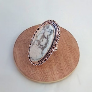 Natural Howlite Cab Statement Ring, 925 Sterling Silver Handmade Statement Natural Gemstone Ring Gift For Her,Long Gemstone Ring