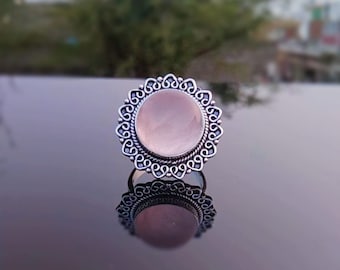 Natural Rose Quartz Statement Ring, Handmade 925 Sterling Silver Statement Ring Gift For Her