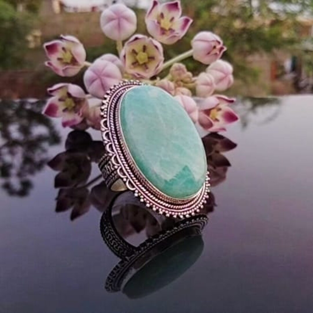 Natural Genuine Amazonite Statement Ring, Handmade 925 Sterling Silver ...