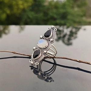 Natural Moonstone and Black Onyx Ring, Handmade 925 Sterling Silver Multi-Stone Long Boho Statement Ring Gift For Her