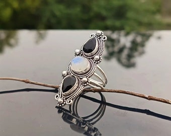 Natural Moonstone and Black Onyx Ring, Handmade 925 Sterling Silver Multi-Stone Long Vintage Boho Statement Ring Gift For Her