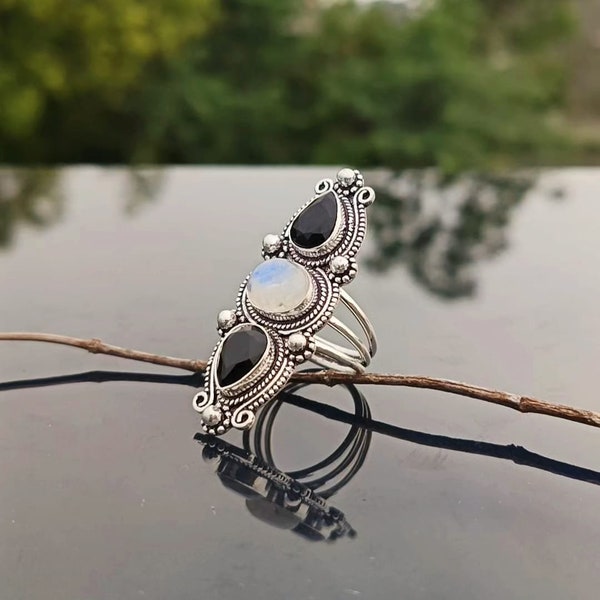 Natural Moonstone and Black Onyx Ring, Handmade 925 Sterling Silver Multi-Stone Long Vintage Boho Statement Ring Gift For Her