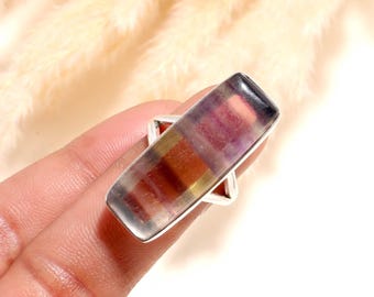 Rainbow Fluorite Ring 925 Sterling silver Band Handmade Statement Ring Long Gemstone Women's Gift