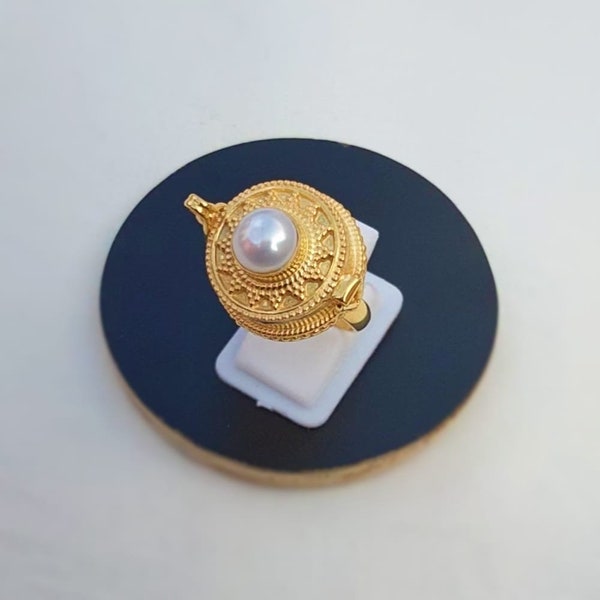 Anello con perla naturale placcato oro 24k, fatto a mano, medaglione in argento sterling 925, portapillole