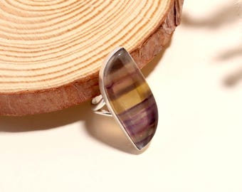 Rainbow Fluorite Ring 925 Sterling silver Handmade Statement Ring Long Gemstone Women's Giftable Jewellery