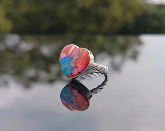 Natural Oyster Copper Turquoise Ring, Heart Shape Turquoise Handmade Statement Promise 925 Sterling Silver Ring Gift For Her