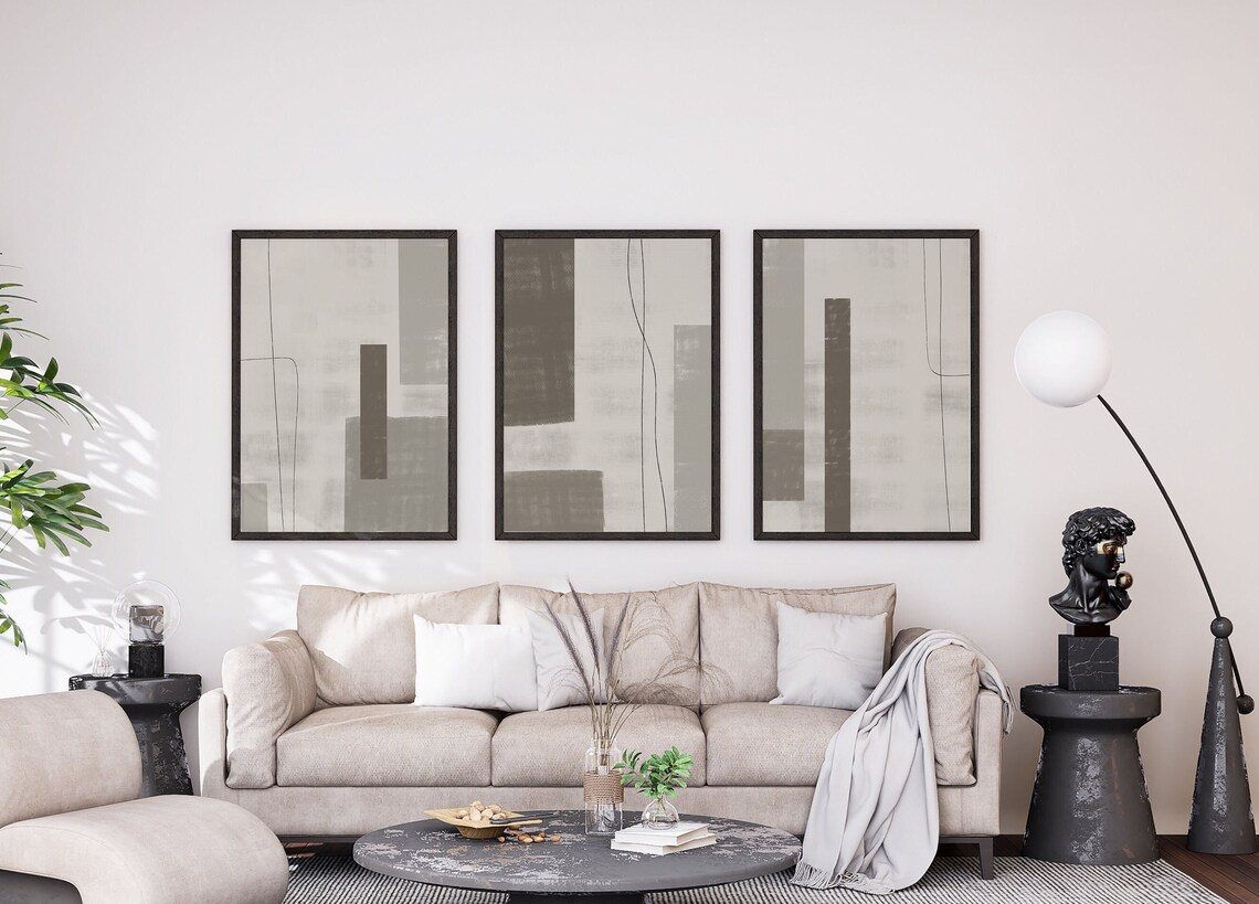 3 Piece Abstract Gray Wall Painting Setnatural Bohemian Etsy
