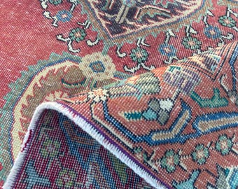 Vintage Turkish Rug, Antique Persiani Rug, Red Blue Floral Area Rug, Traditional Medallion Rug, Pink Oushak Style Rug 8.3x11.6 Rug