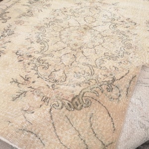 Large Oushak Wool Rug: Antique Turkish Area Rug 5.9x8.6 Ft Rug Hand Knotted Rug - Oversize Persian Rug - Beige Neutral Tone Rug Old Rug