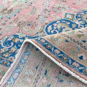 Persian Rug Pink Blue Rug - Turkish Rug - Oriental Decor Rug - Large Oushak Rug: 9.7x12.8 ft. Hand-Knotted Wool Rug , Antique Area Rug