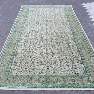 Tapete persa de lã feito à mão: Tapete turco antigo com estampa floral verde (2,60 x 1,65 m) Tapete estético - Tapete para sala de estar - Tapete de luxo Tapete moderno