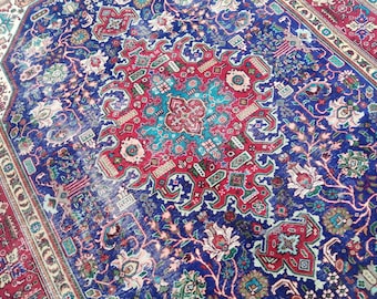 Large Persian Rug Hand Knotted Wool Persian Rug 6.5x9.2 ft - Vintage Oriental Decor Rug - Turkish Rug - Red Blue Persian Rug -
