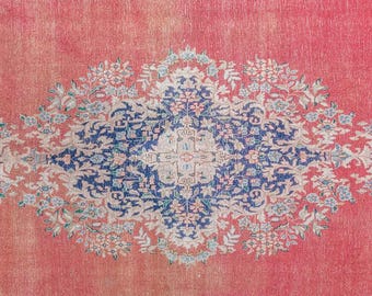 Vintage Rug - Large Rug Red Blue Turkish Rug - Boho Rug - Area Rugs - Aestehtic Tribal Rug - Antique Oriental rug - Digital Cotton Rug