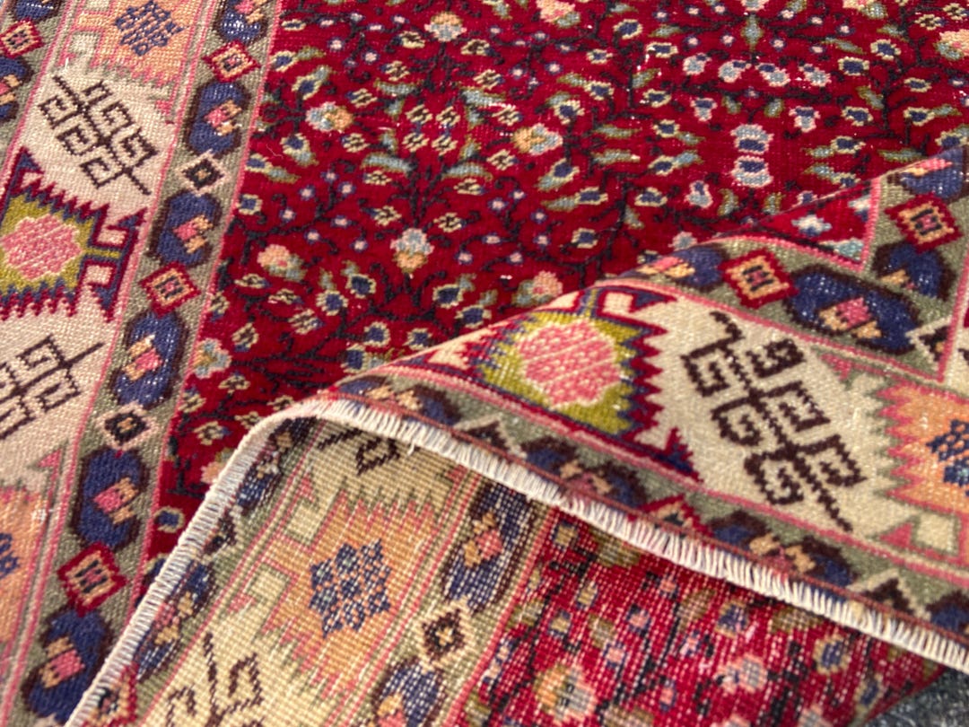 Used Rugs Vintage Floral Persian Rug: Red Blue Oushak Area Rug 3.1x5.4 Ft Red ...