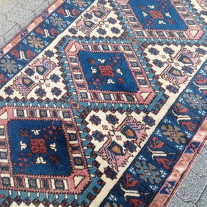 Blue Persian Rug: Small Vintage Handmade Wool Area Rug (3.4x5.9 Ft) Antique Rug Turkish Rug - Vintage Persian Rug Oushak Unique Turkish Rug