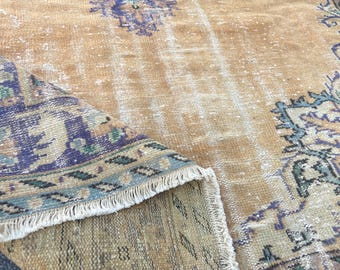 Hand-Knotted Wool Persian Rug - Vintage Oushak Turkish Area Rug - Antique Rug - Vintage Persian Rug Bedroom Rug Rustic Rug 6.9x10 Ft