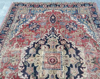 Persiani Rug Aesthetic Decor Rug - Unique Turkish Rug - Red Blue Rug Aged rug - Hand Woven Rug - Wool Bohemian Old Rug  4.1x5.9 Ft rug